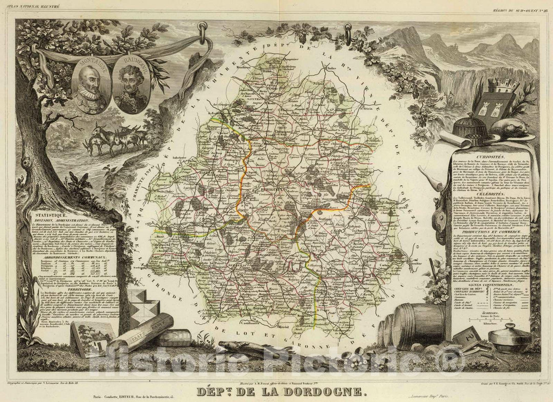 Historic Map : France, 1856 Dept. De La Dordeogne. , Vintage Wall Art