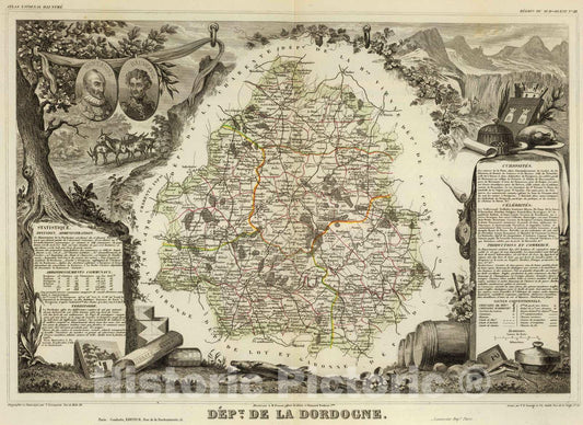 Historic Map : France, 1856 Dept. De La Dordeogne. , Vintage Wall Art