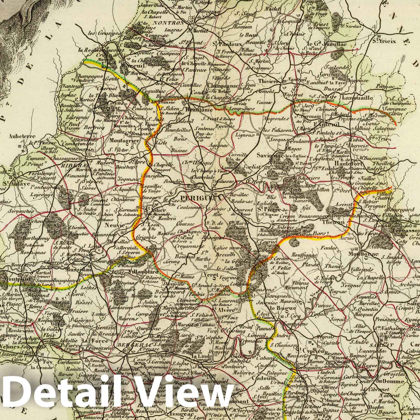 Dordogne, France - Road Map, 1856 - Historical Map Print