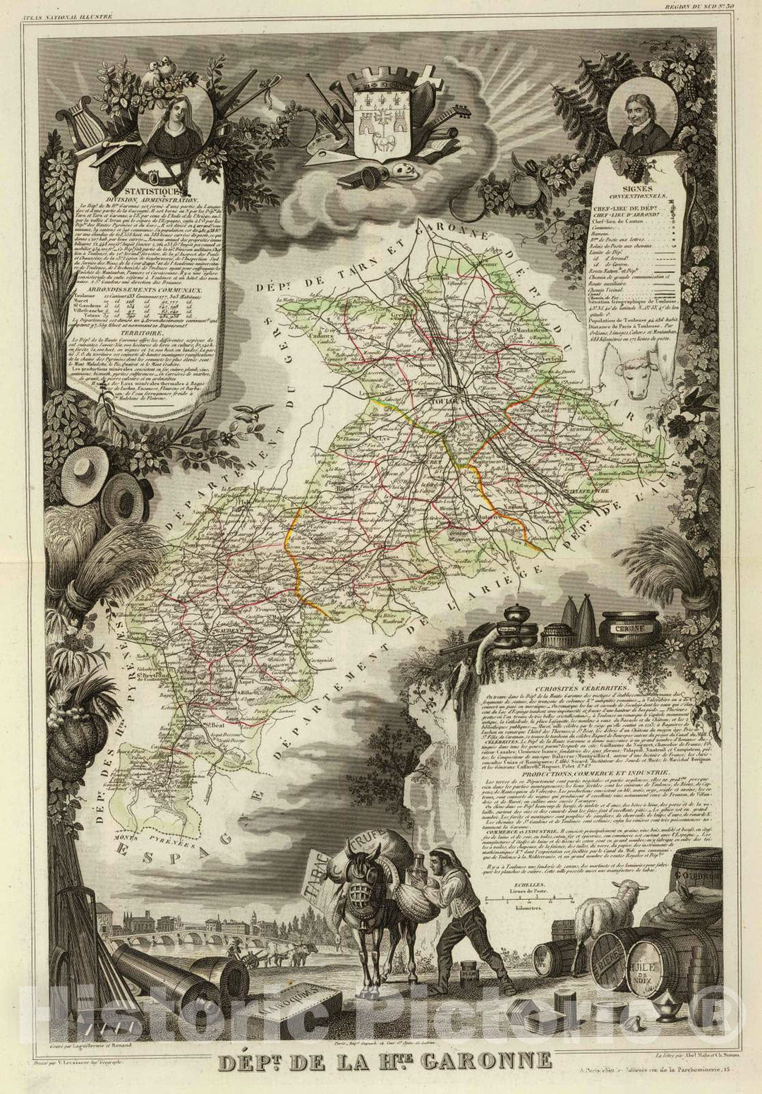 Historic Map : France, 1856 Dept. De La Hte. Garonne. , Vintage Wall Art