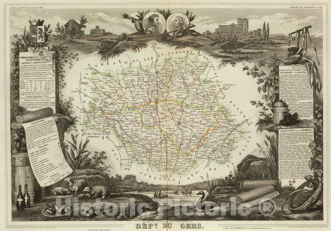 Historic Map : France, 1856 Dept. Du Gers. , Vintage Wall Art