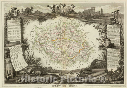 Historic Map : France, 1856 Dept. Du Gers. , Vintage Wall Art