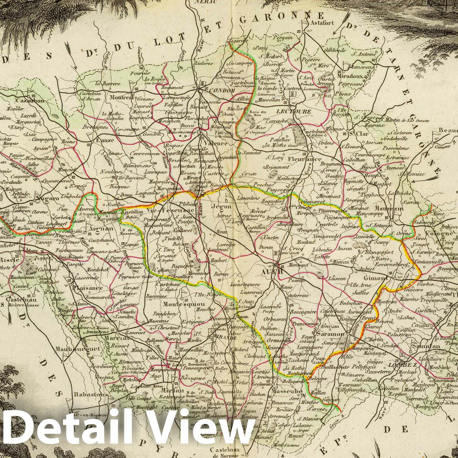 Gers, France - Road Map, 1856 - Hand-Colored Historical Map Print