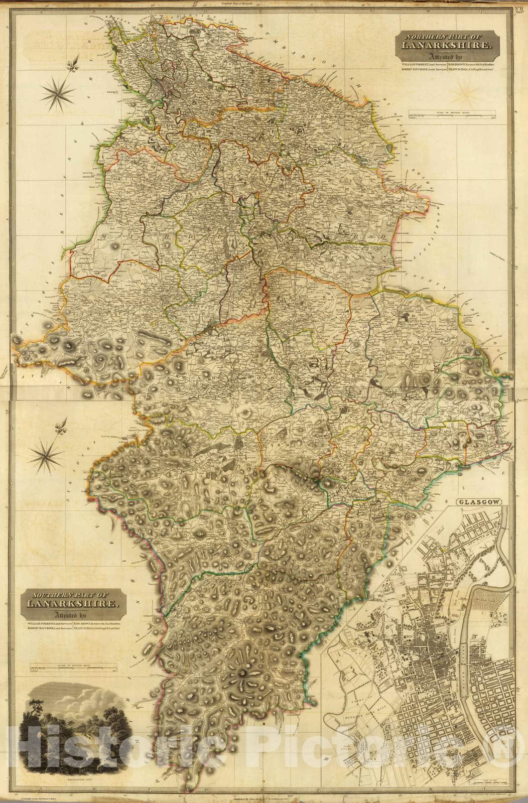 Lanarkshire and Glasgow, Scotland - Road Map, 1832 - Historical Map Print