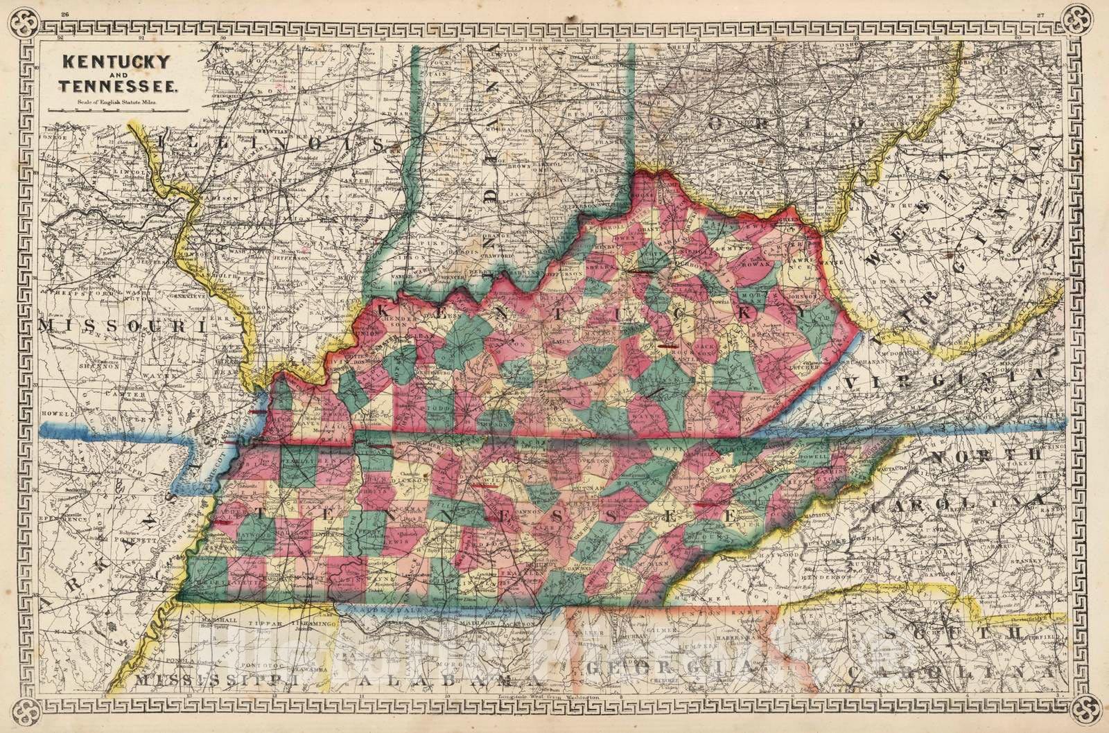 Historic Map : 1865 Kentucky and Tennessee, - Vintage Wall Art