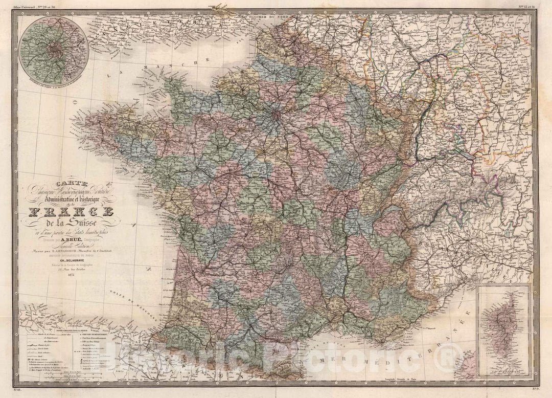 Historic Map : France; Switzerland, 1875 France, Suisse. , Vintage Wall Art
