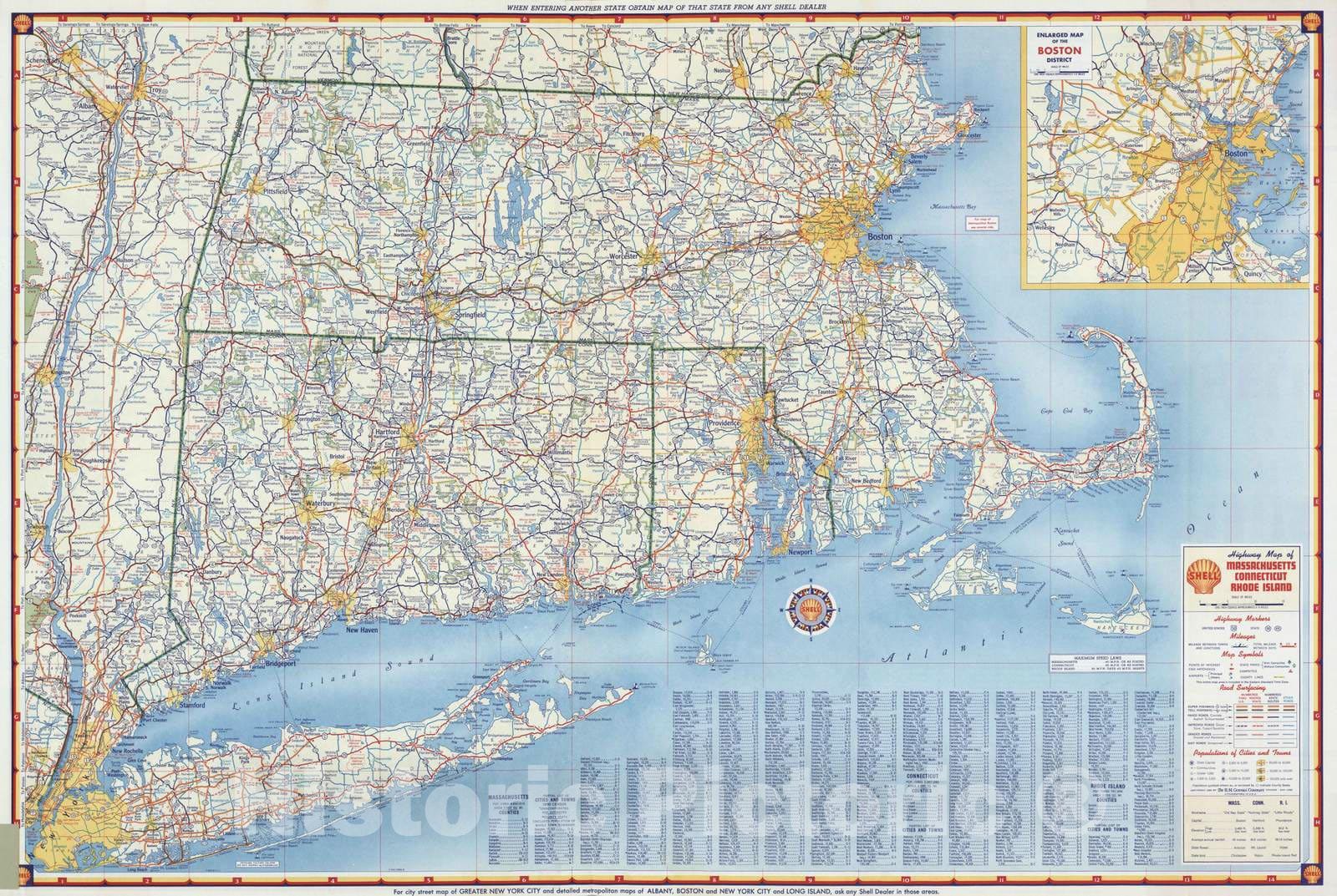 Historic Map : National Atlas - 1956 Shell Highway Map of Massachusetts, Connecticut, Rhode Island. - Vintage Wall Art