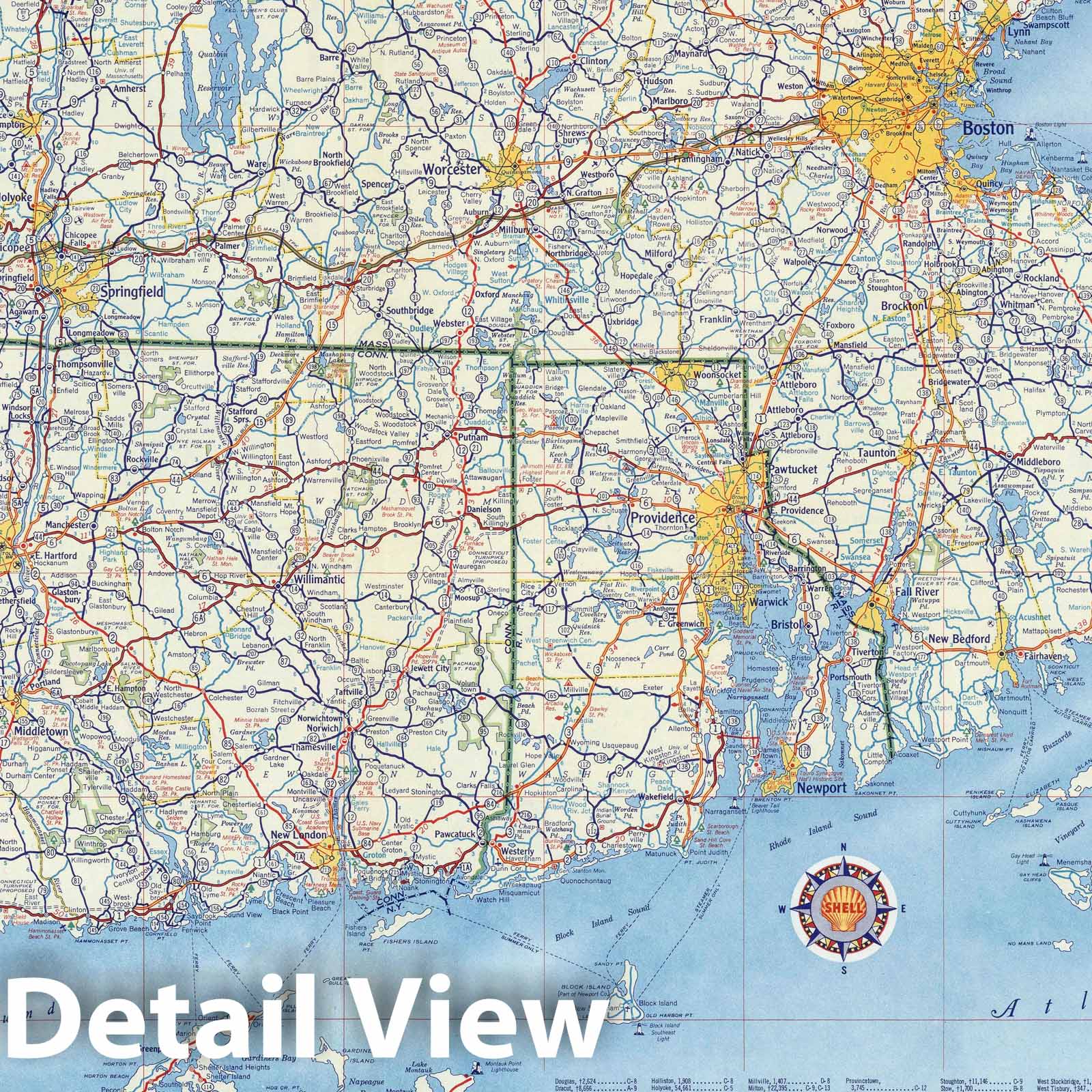Historic Map : National Atlas - 1956 Shell Highway Map of Massachusetts, Connecticut, Rhode Island. - Vintage Wall Art
