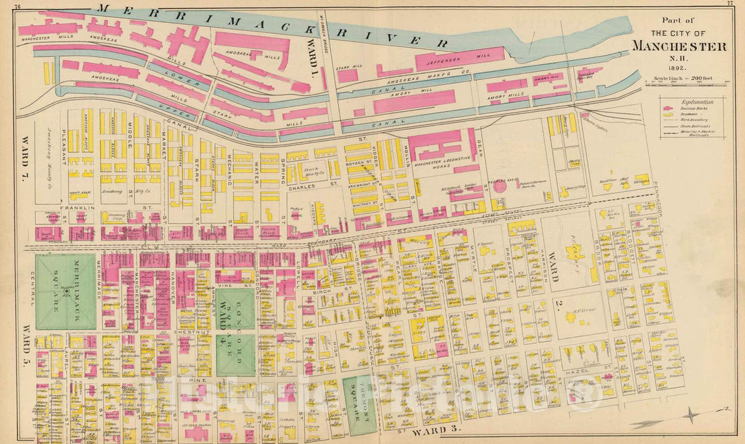 Historic Map : 1892 Manchester, N.H, Ward 2-4, 5, 7. - Vintage Wall Art