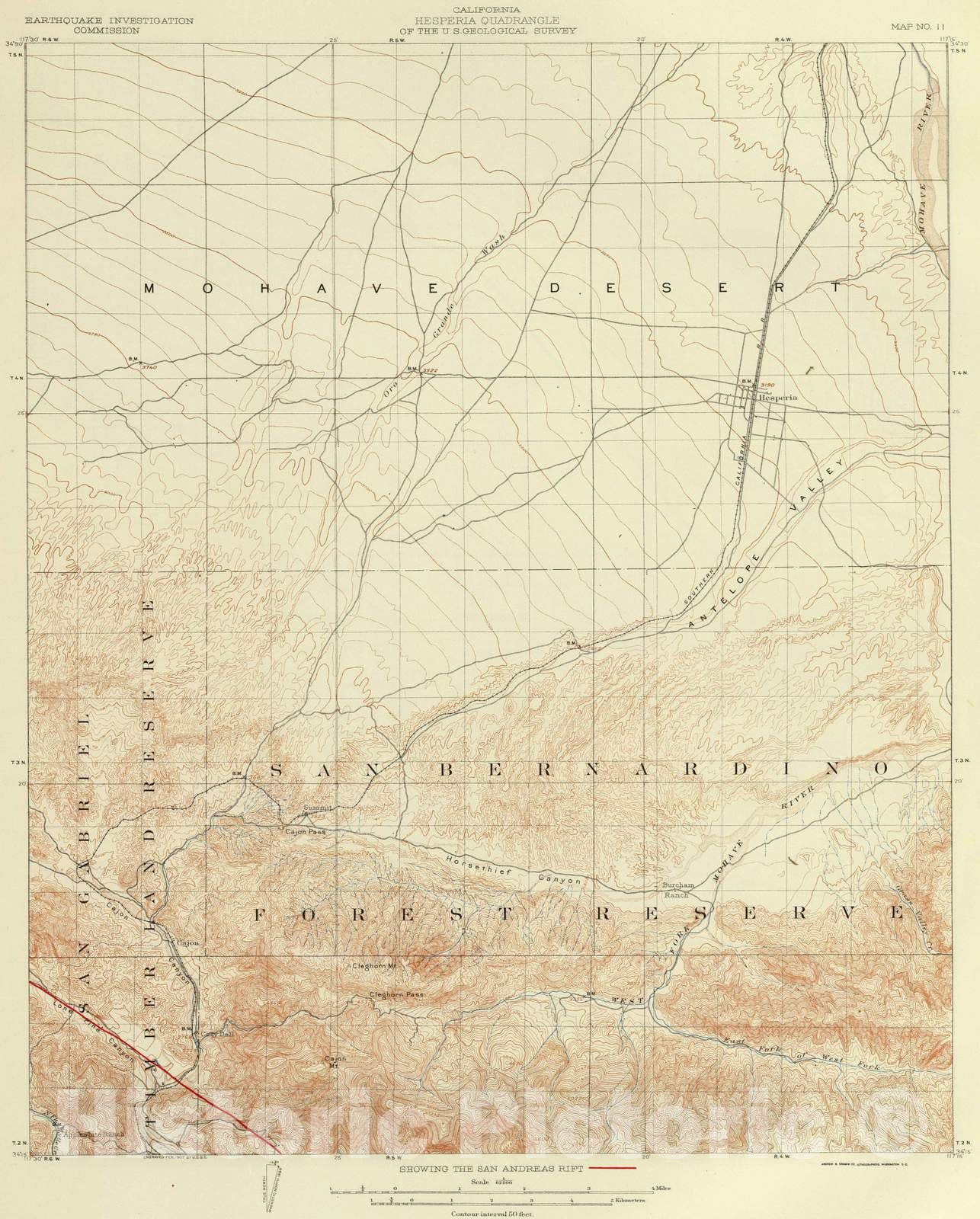 Historic Map : 1908 Hesperia Quadrangle Showing San Andreas Rift. - Vintage Wall Art