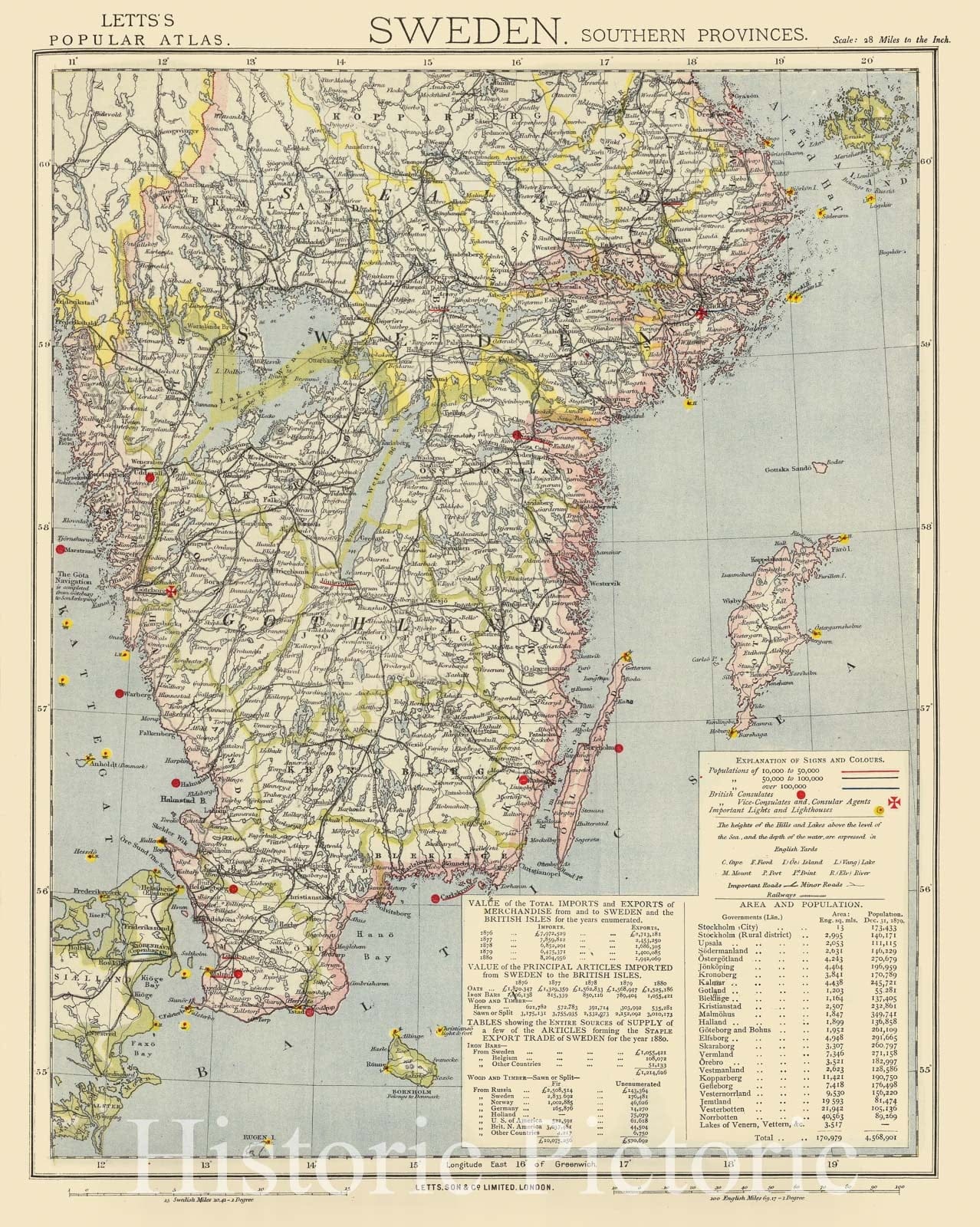 Sweden, Southern Provinces - Railroad Map, 1883 - Letts's Atlas