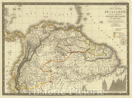 Historic Wall Map : Colombia; Guyana, Guiana, South America 1826 Colombie, Guyane Francaise, Hollandaise et Anglaise. , Vintage Wall Art