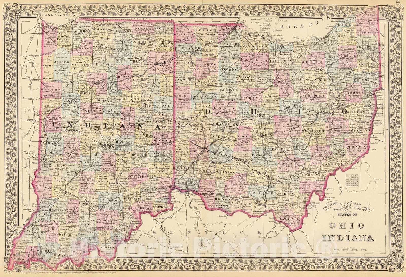 County and Township Map of Ohio and Indiana - Railroad Map, 1880
