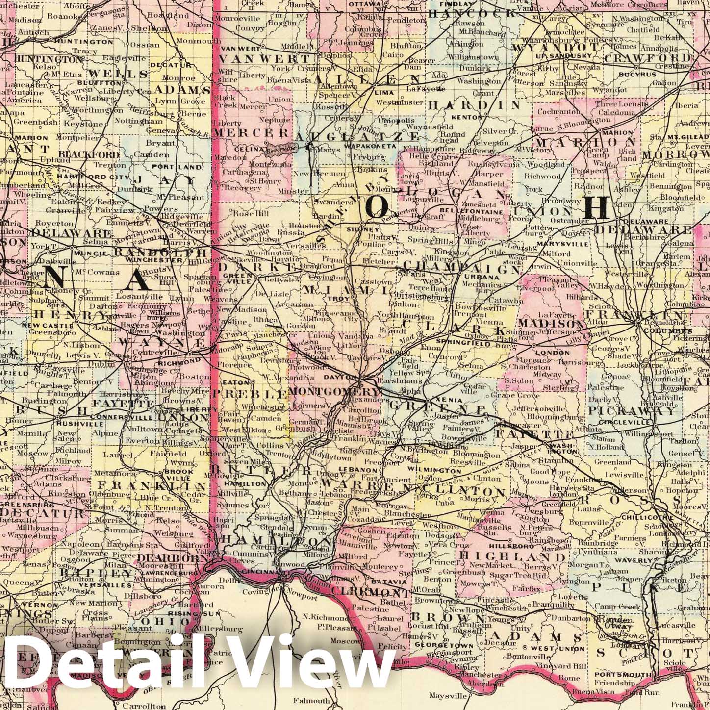 County and Township Map of Ohio and Indiana - Railroad Map, 1880