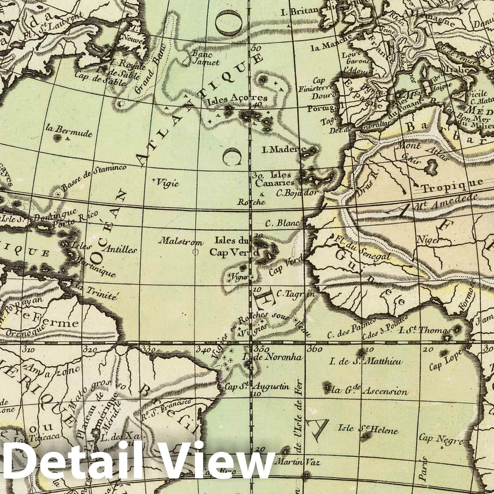 Atlantic Ocean - Physical Map, 1757 - Historical Map Print