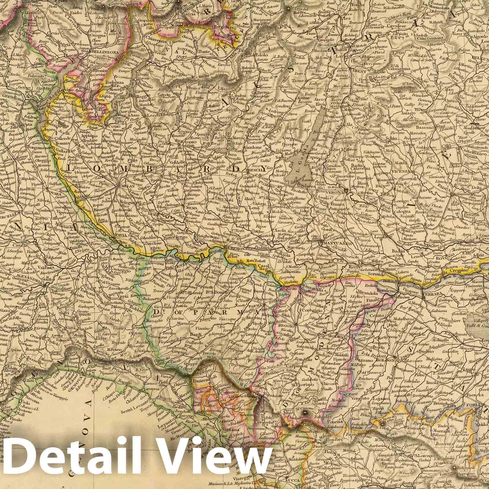 Northern Italy, Alps, and Apennines - Boundary Map, 1834 - Historical Map Print