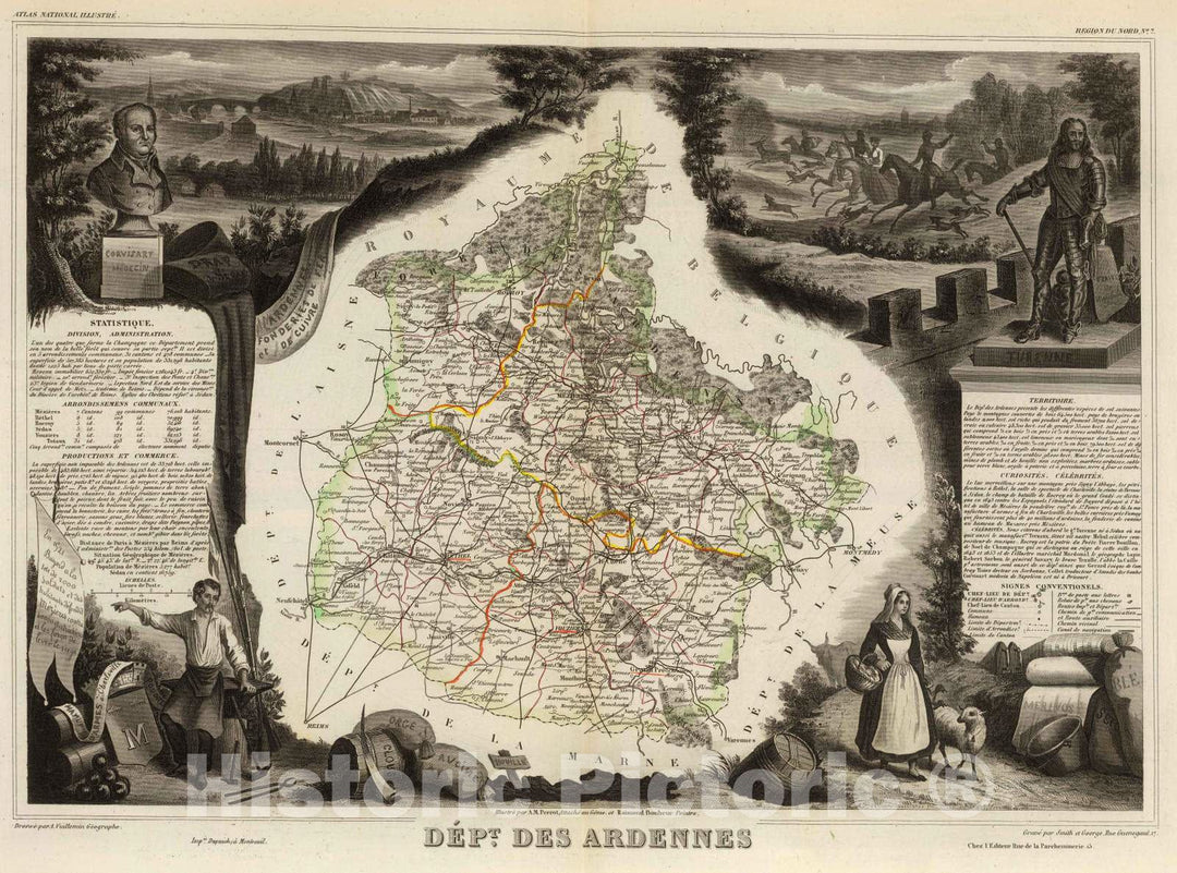 Historic Map : France, 1856 Dept. De Ardennes. , Vintage Wall Art