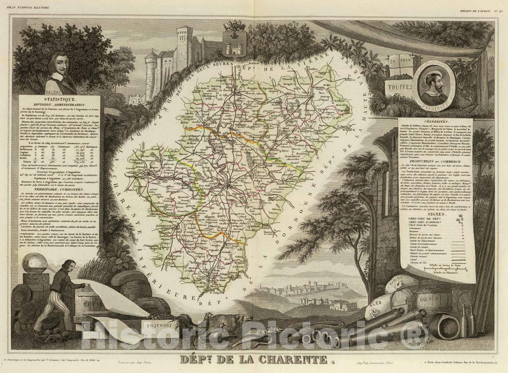 Historic Map : France, 1856 Dept. De La Charente. , Vintage Wall Art