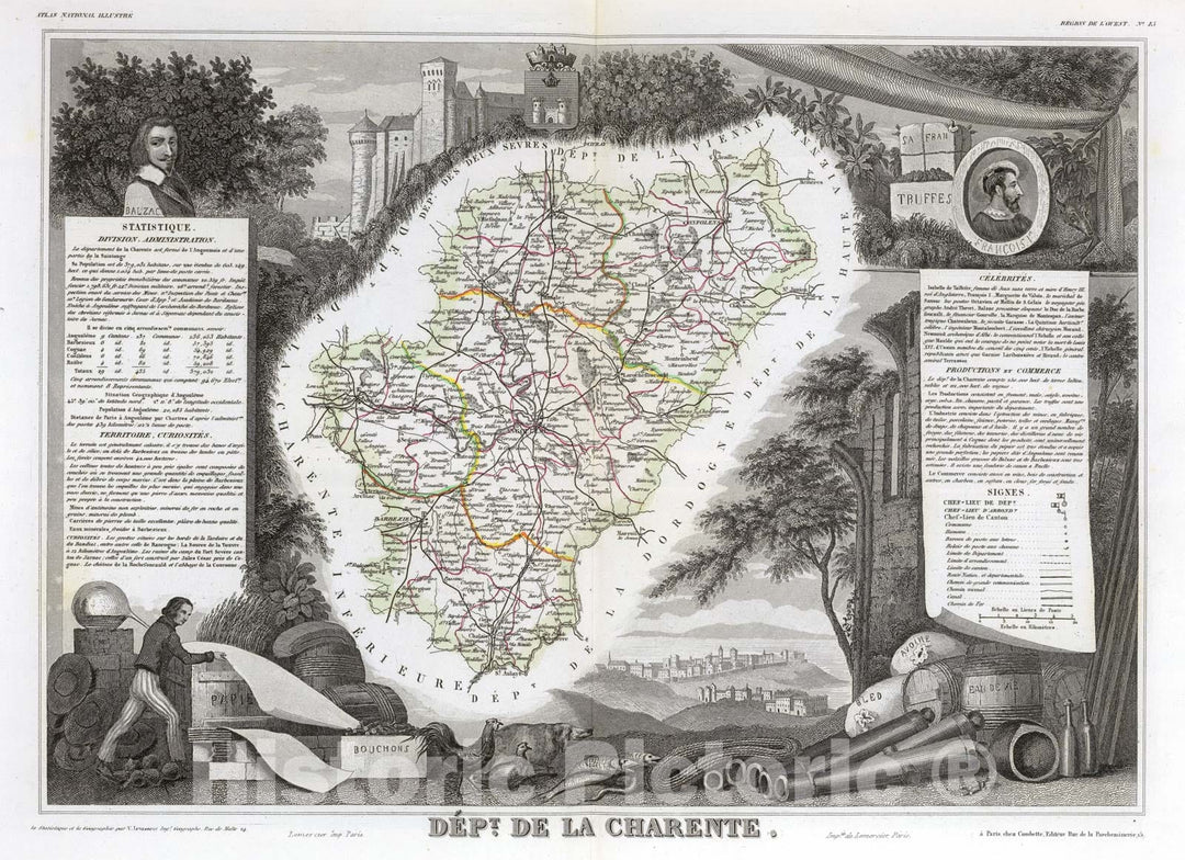 Historic Map : France, 1856 Dept. De La Charente. , Vintage Wall Art
