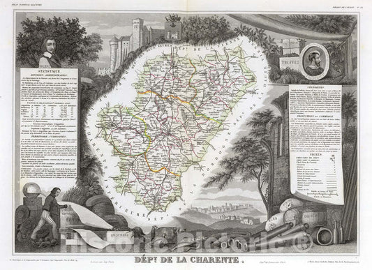 Historic Map : France, 1856 Dept. De La Charente. , Vintage Wall Art