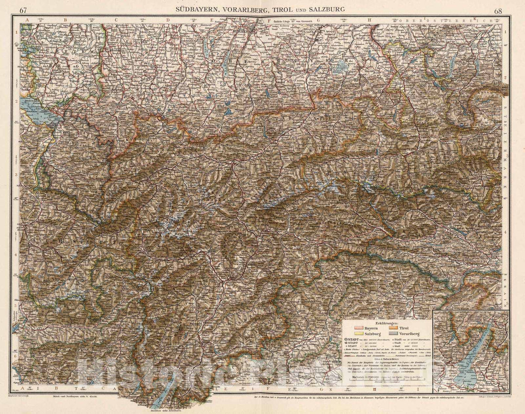 Historic Map : Austria, 1905 Sudbayren, Vorarlberg, Tirol und Salzburg , Vintage Wall Art