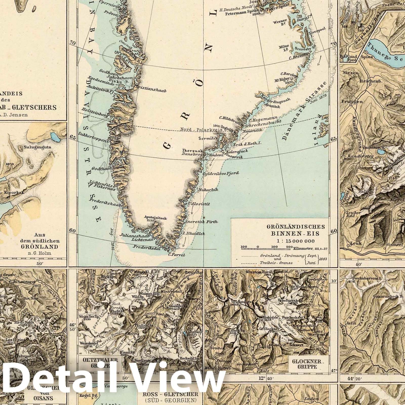 World Glaciers - Geologic Map, 1892 - Berghaus Atlas Reproduction
