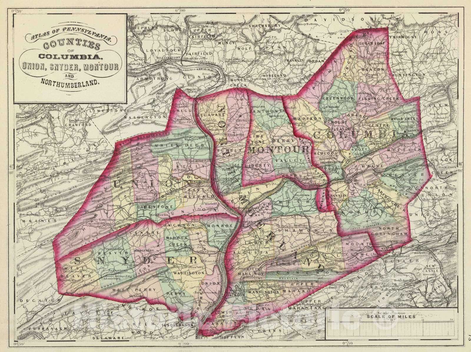 Historic Map : 1872 Columbia, Union, Snyder, Montour, Northumberland Counties. - Vintage Wall Art