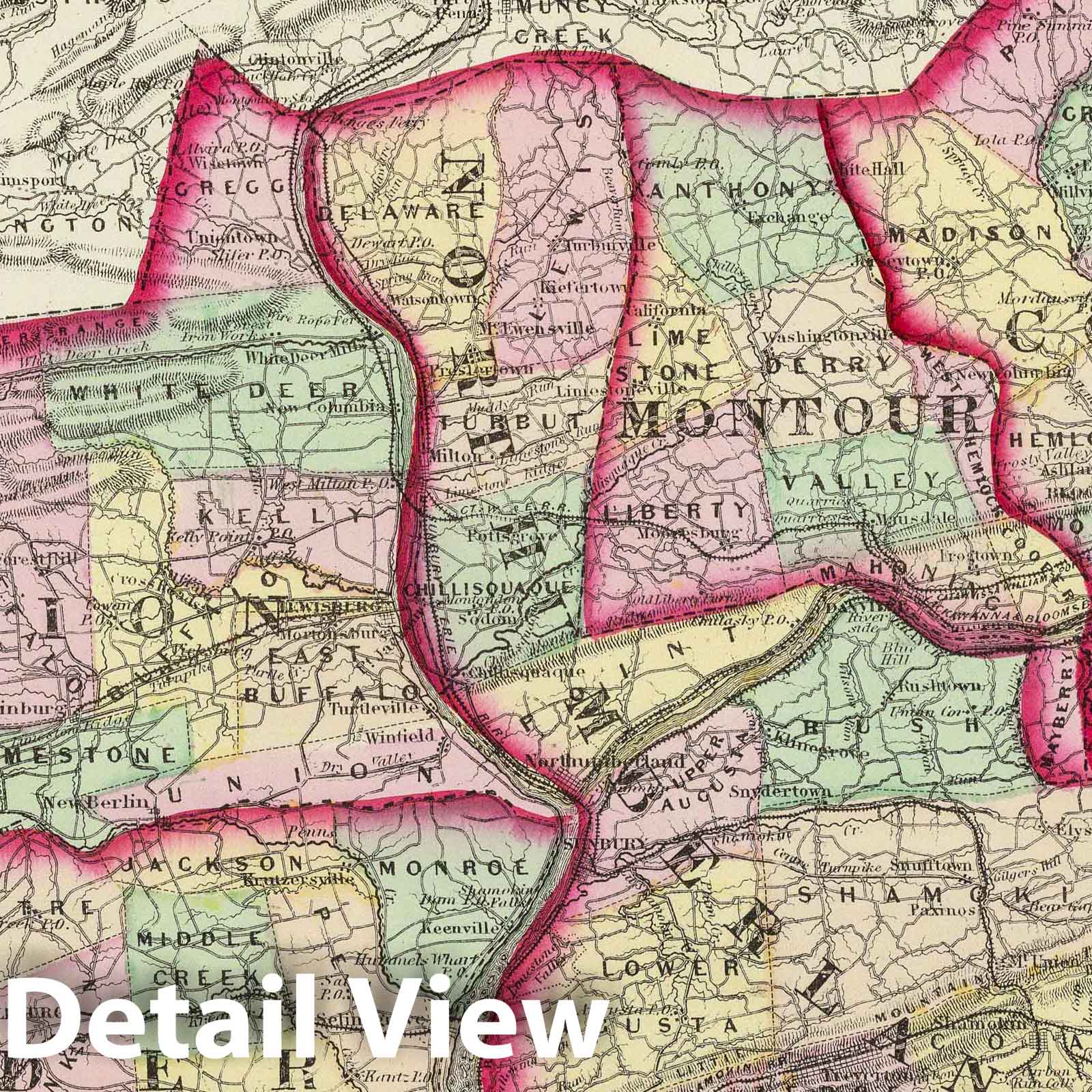 Columbia, Union, Snyder, Montour, Northumberland Counties, Pennsylvania - Railroad Map, 1872