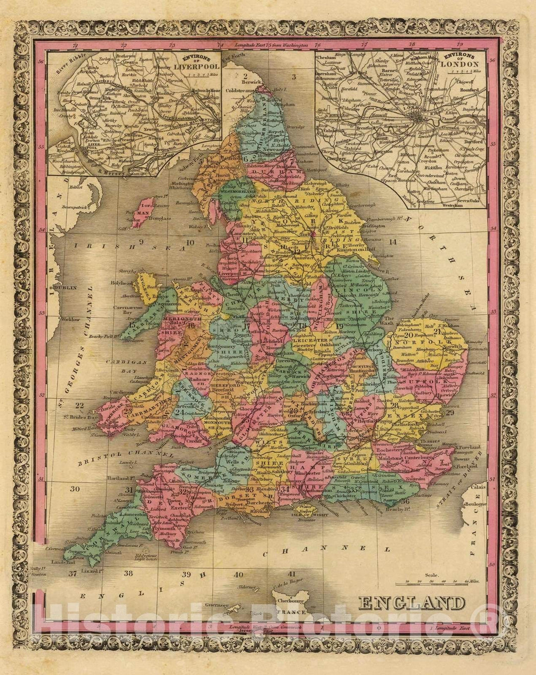 Historic Map : 1845 England. v2 - Vintage Wall Art