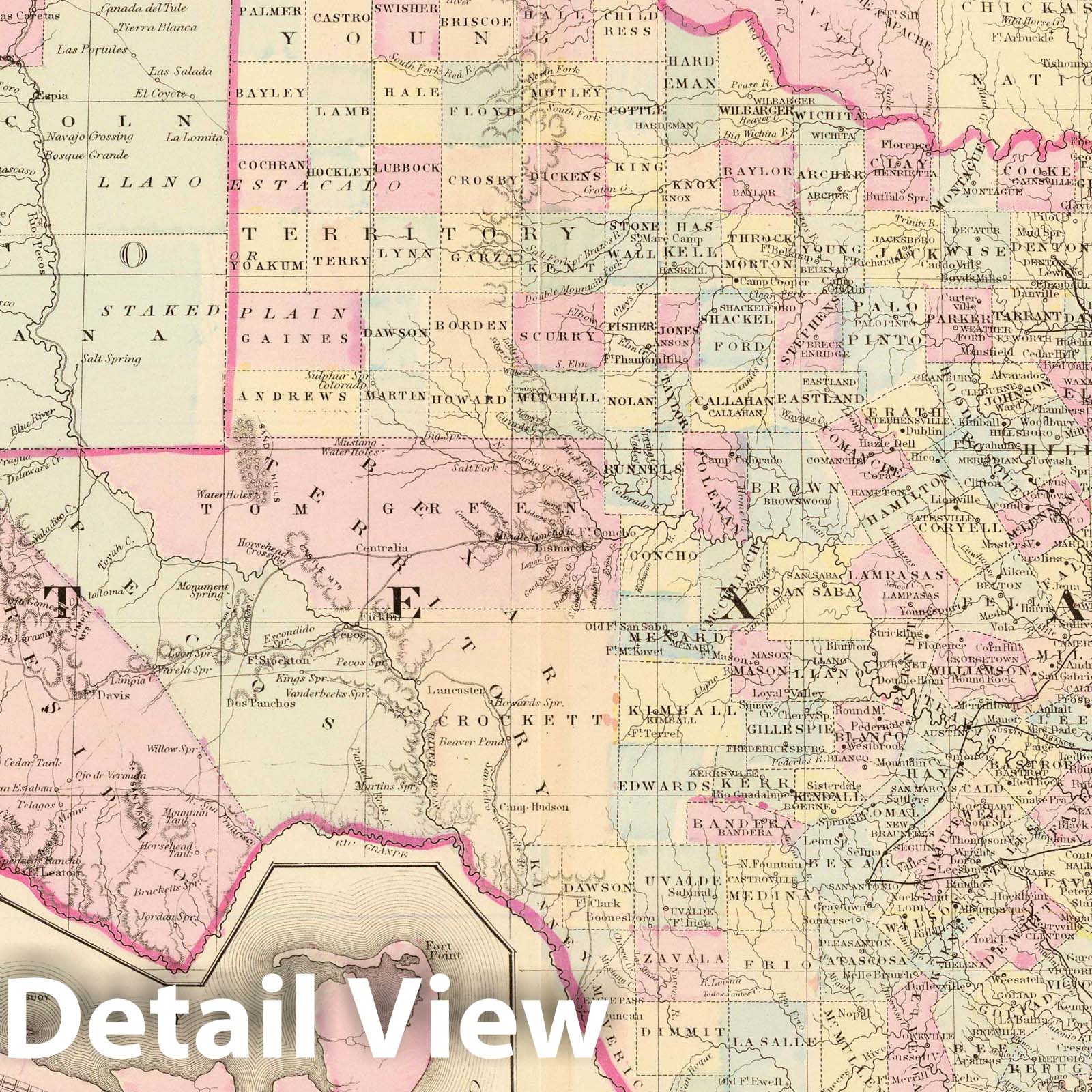 Texas with Galveston Plan - Railroad Map, 1880 - Historical Map Print
