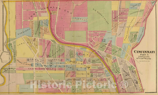 Historic Map : 1869 Cincinnati 10, wards 12, 18. - Vintage Wall Art