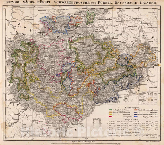 Historic Map : Germany, 1855 Herzogl. Sachs: Furstl. Schwarzburgsche u. Furstl. Reussische Laender. , Vintage Wall Art