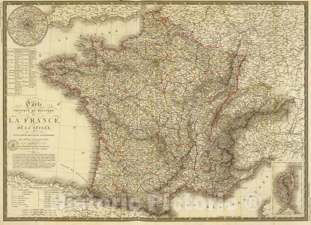 Historic Map : France; Switzerland, 1827 Carte Physique et routiere de la France, de la Suisse. , Vintage Wall Art