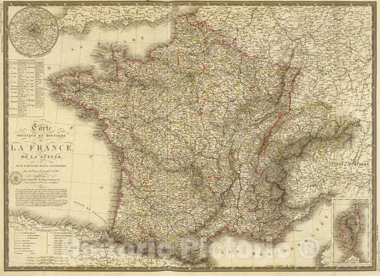 Historic Map : France; Switzerland, 1827 Carte Physique et routiere de la France, de la Suisse. , Vintage Wall Art