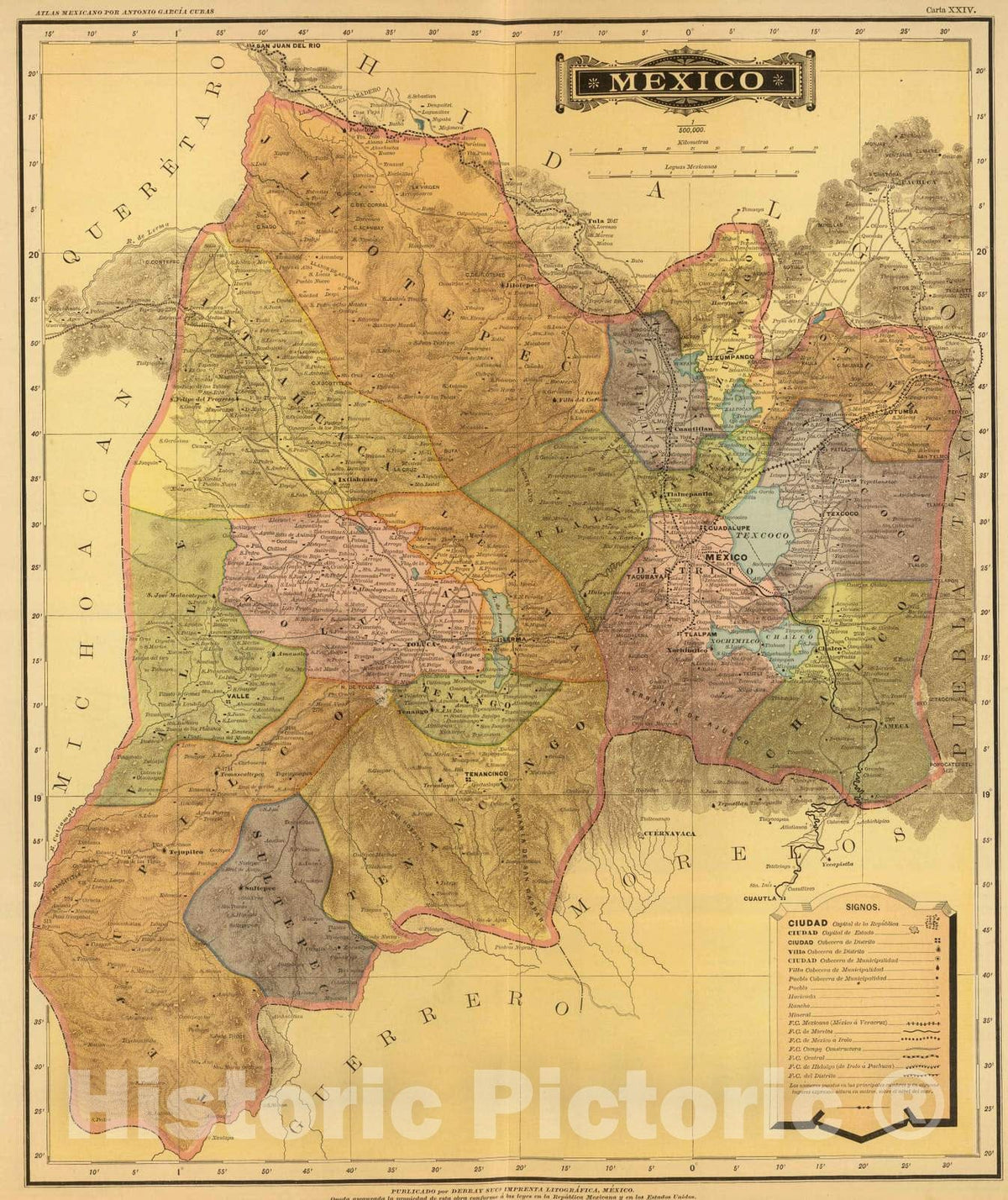 Historic Map : Mexico, 1886 Mexico (Estado de) , Vintage Wall Art
