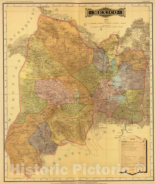 Historic Map : Mexico, 1886 Mexico (Estado de) , Vintage Wall Art