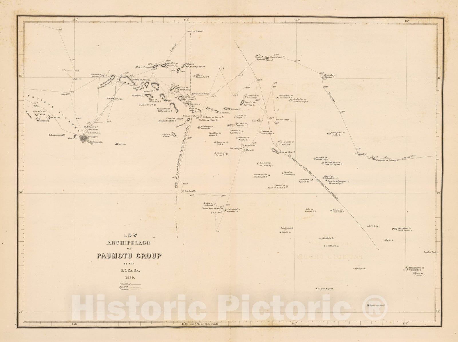 Historic Map : Exploration Book - 1845 Low Archipelago or Paumotu Group. - Vintage Wall Art