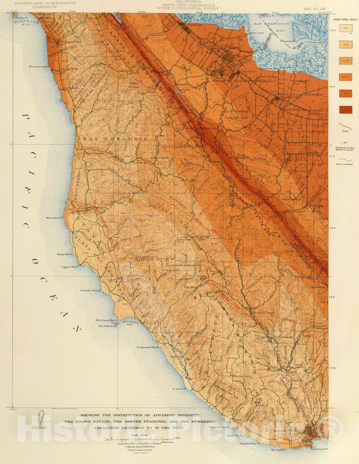 Historic Map : 1908 Santa Cruz Quadrangle Showing Intensity, Faults. - Vintage Wall Art
