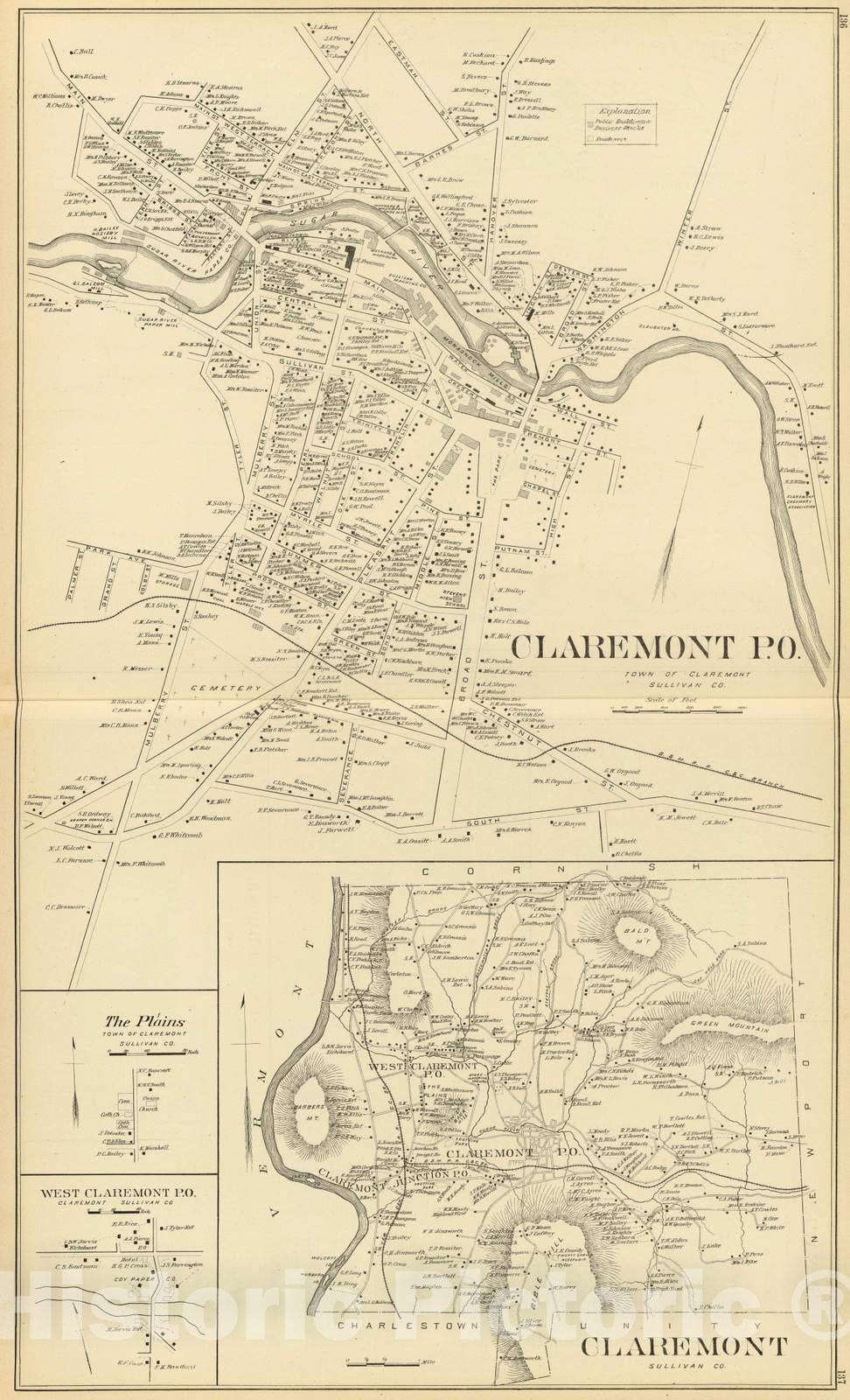 Historic Wall Map : 1892 Claremont P.O. - Vintage Wall Art