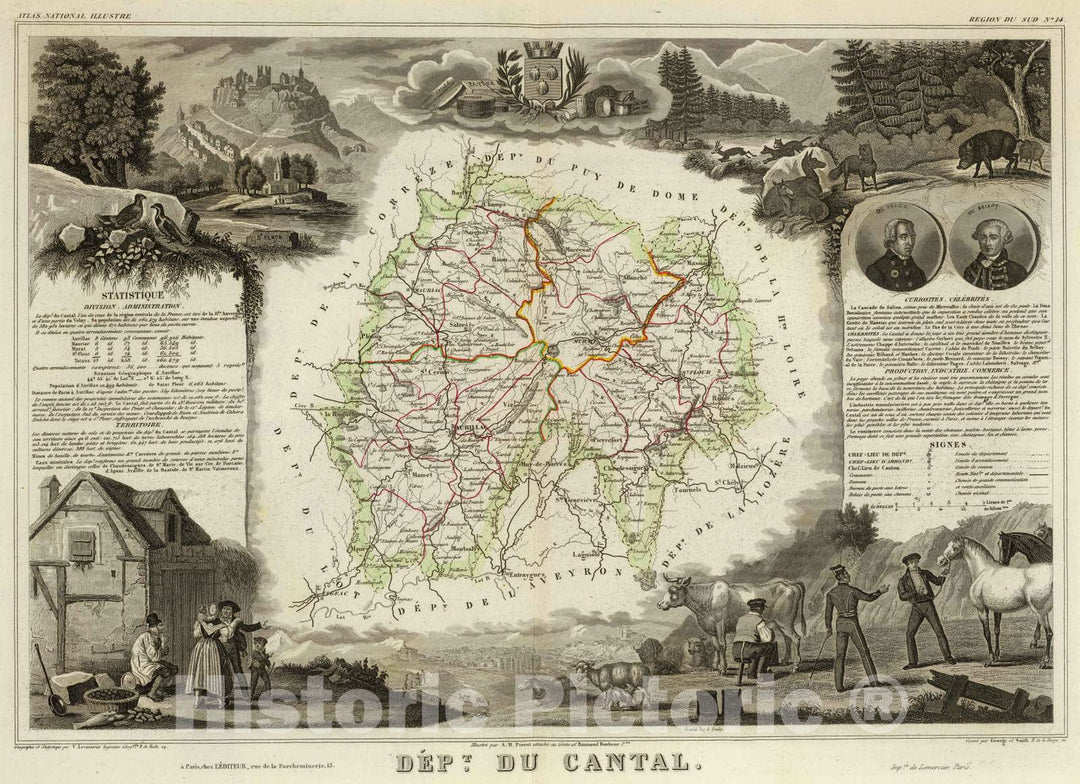 Historic Map : France, 1856 Dept. Du Cantal. , Vintage Wall Art