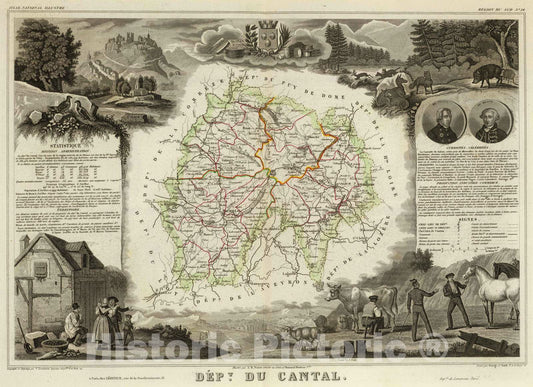 Historic Map : France, 1856 Dept. Du Cantal. , Vintage Wall Art