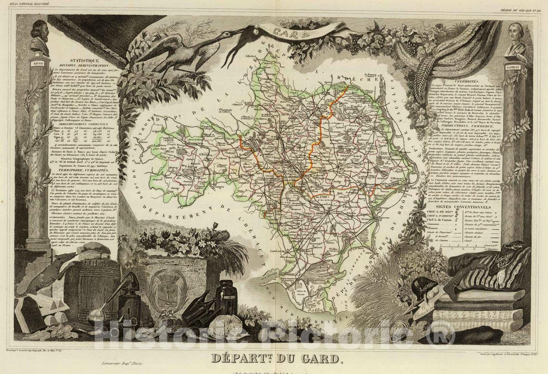 Historic Map : France, 1856 Dept. Du Gard. , Vintage Wall Art