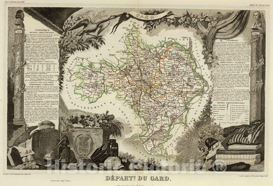 Historic Map : France, 1856 Dept. Du Gard. , Vintage Wall Art