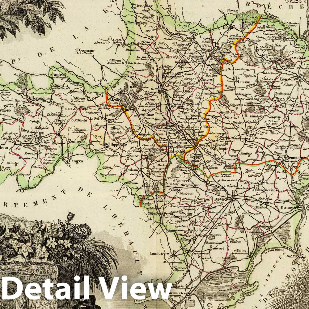 Historic Map : France, 1856 Dept. Du Gard. , Vintage Wall Art