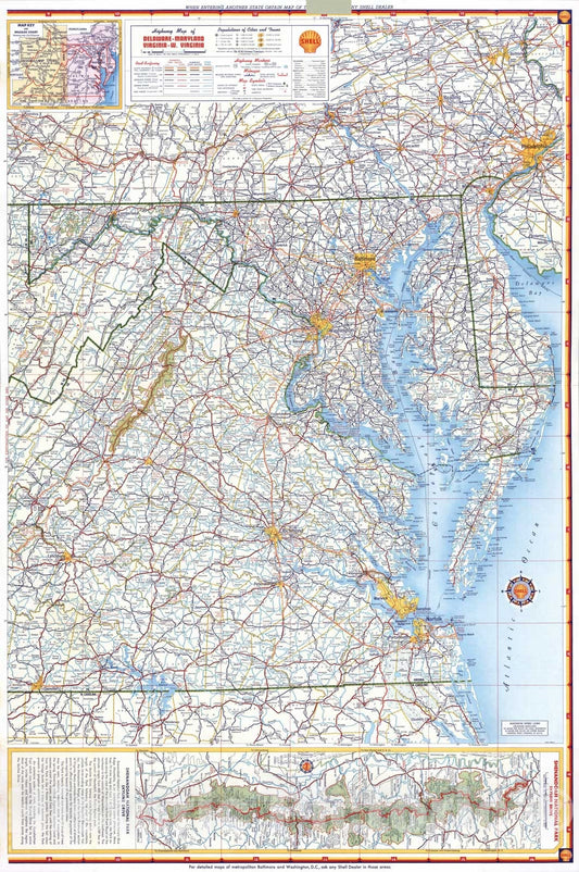 Historic Map - 1956 Shell Highway Map of Delaware - Maryland, Virginia, W. Virginia. (western portion), Atlas - Vintage Wall Art