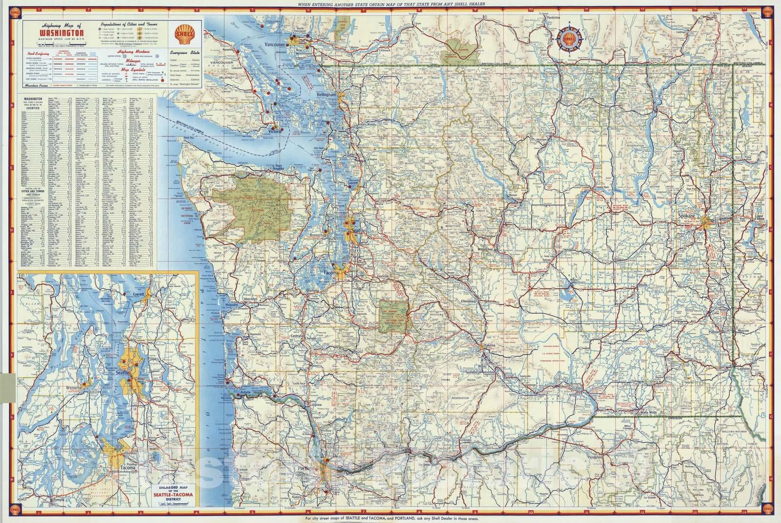 Historic Map : National Atlas - 1956 Shell Highway Map of Washington. - Vintage Wall Art