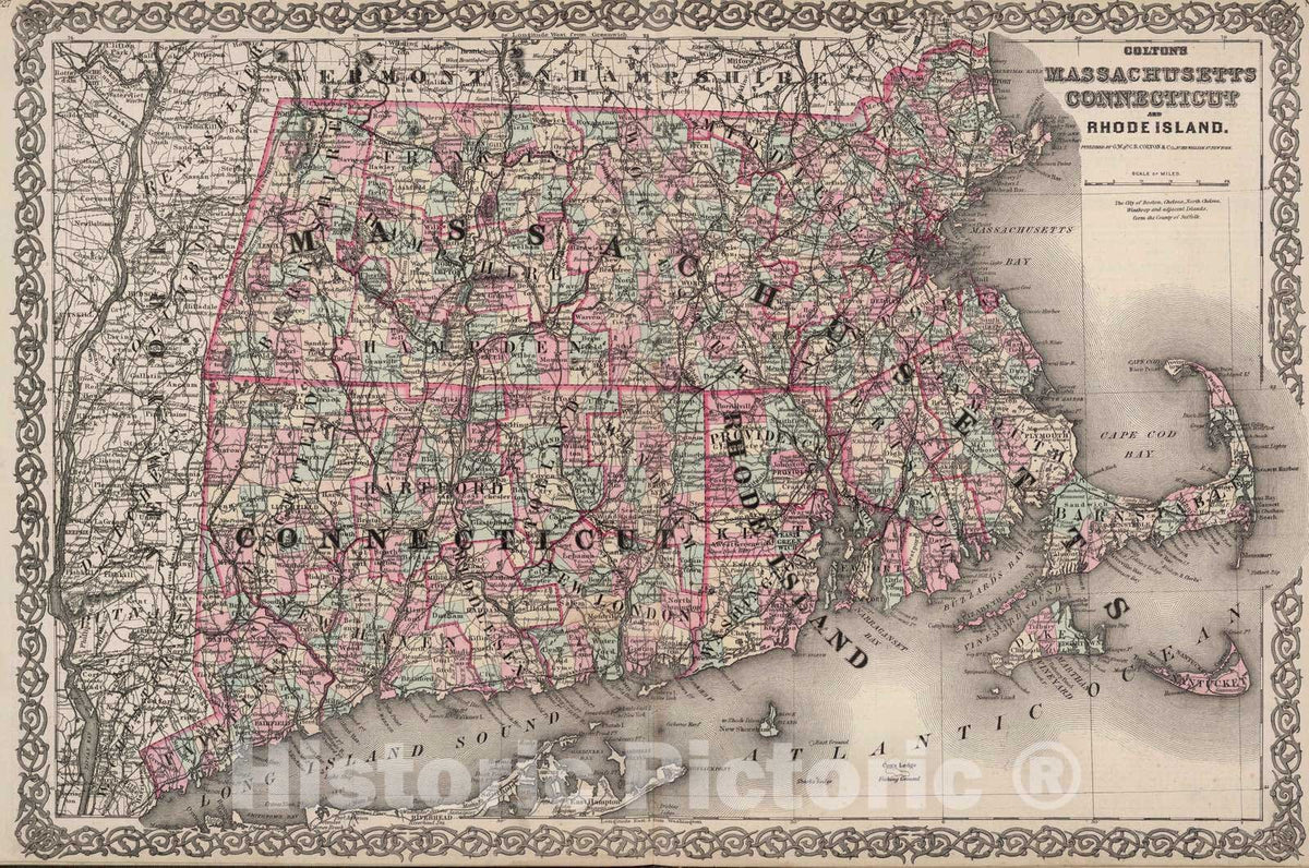 Historic Map : 1886 Massachusetts, Connecticut and Rhode Island. - Vintage Wall Art