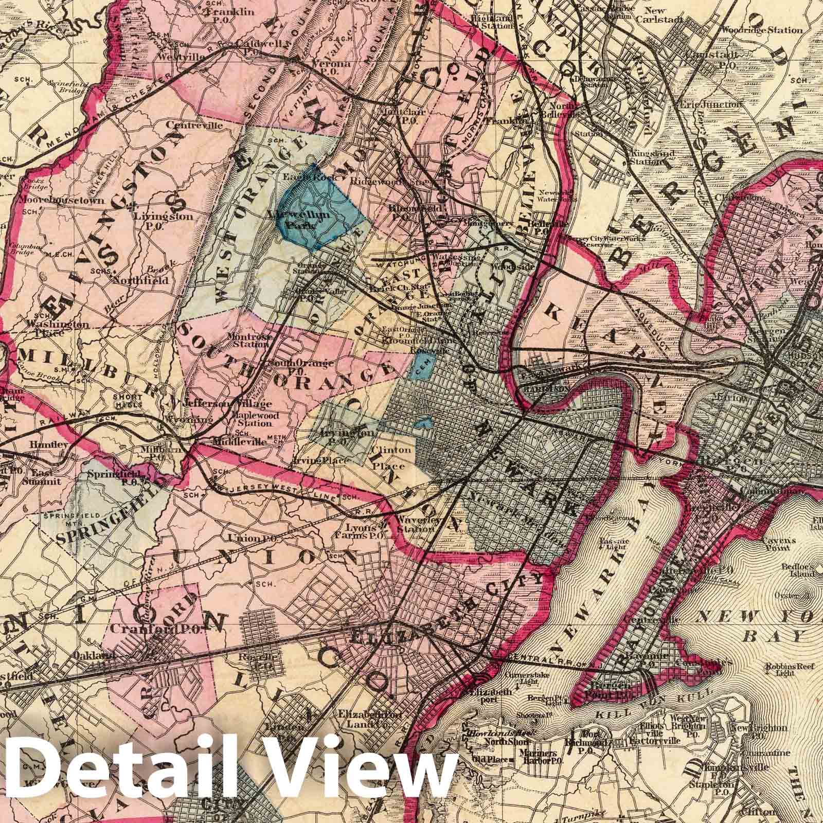 Hudson, Union, and Essex Counties, New Jersey - Railroad Map, 1872