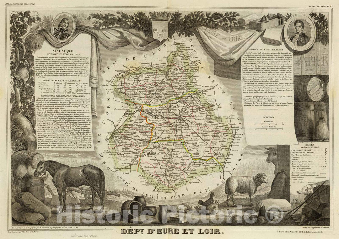 Historic Map : France, 1856 Dept. De L'Eure et Loir. , Vintage Wall Art
