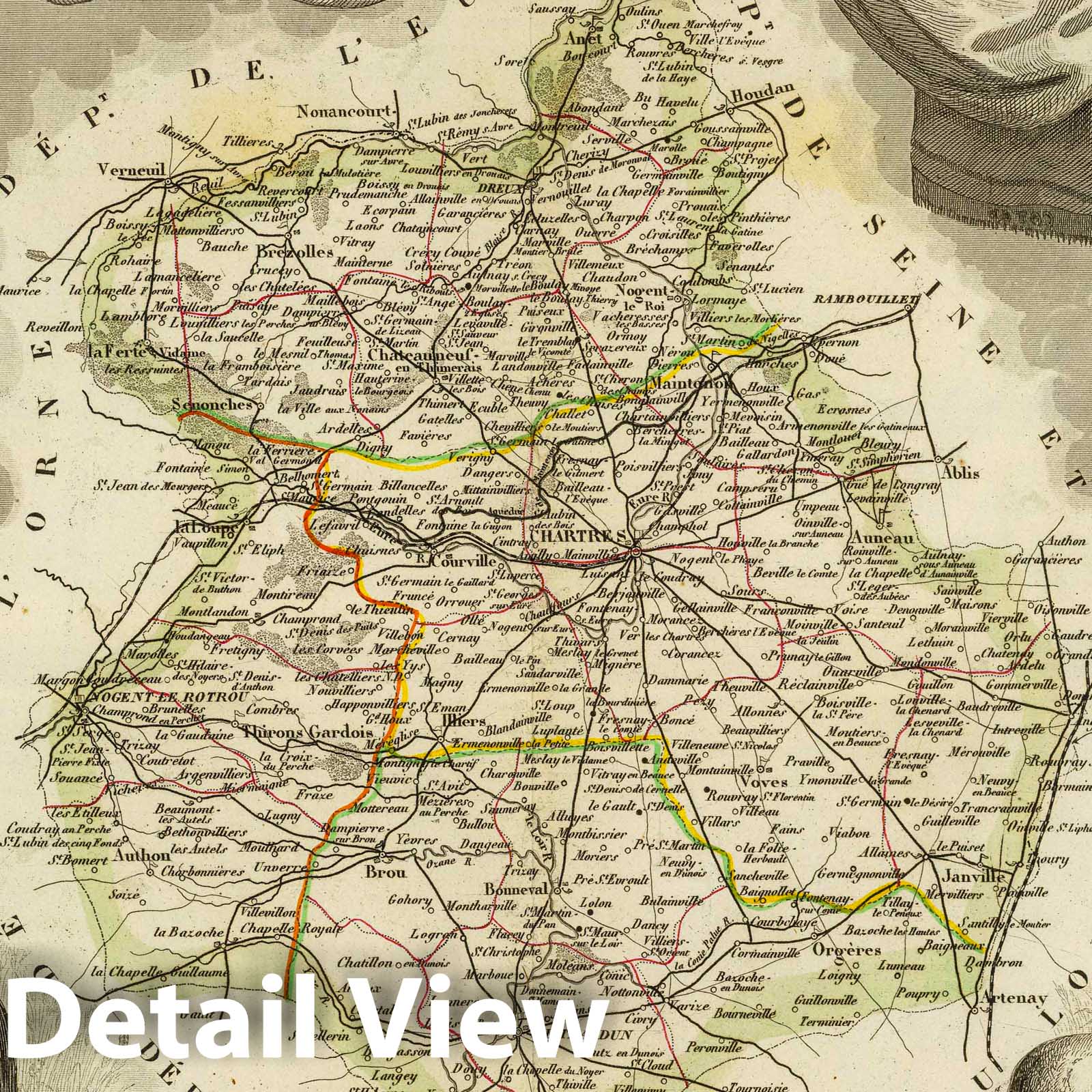Eure-et-Loir, France - Road Map, 1856 - Historical Map Print